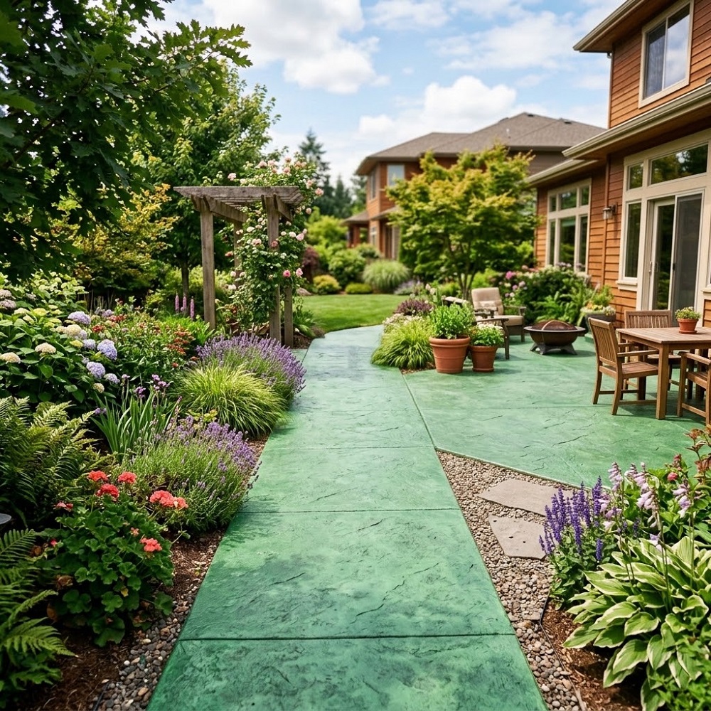A modern, eco-friendly residential patio constructed with green concrete, showcasing a durable and sustainable outdoor living area