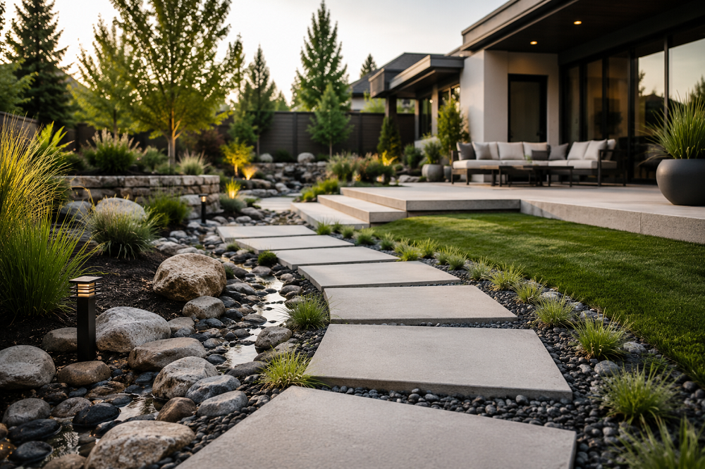 Residential landscape drainage planning with a graded yard, dry creek bed, drainage system, and landscape design plans.