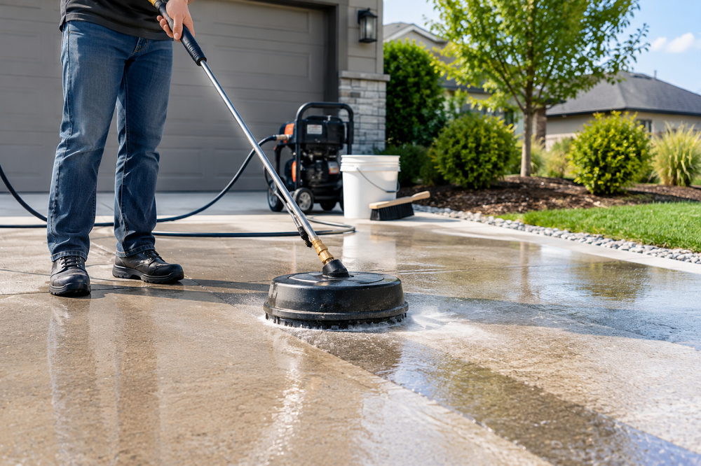 Residential concrete driveway being cleaned with a pressure washer in a landscaped home setting.